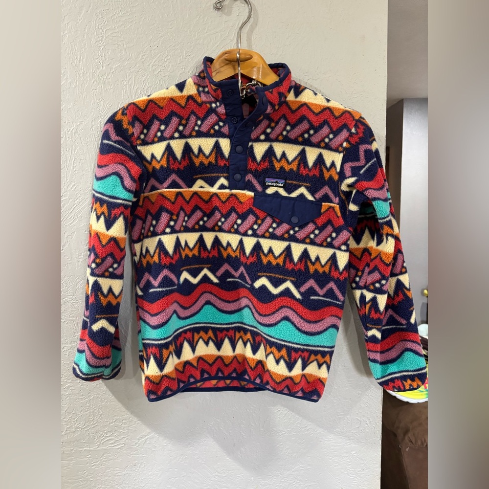 Patagonia Kids Lightweight Synchilla T-Snap Sweater Pullover Sound Blue Geo M